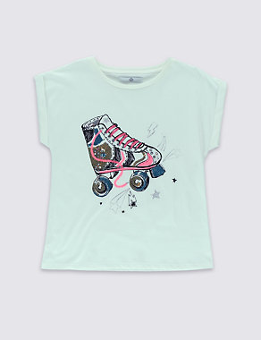 Pure Cotton Sequin Embellished Roller Skater T-Shirt (5-14 Years) Image 2 of 3