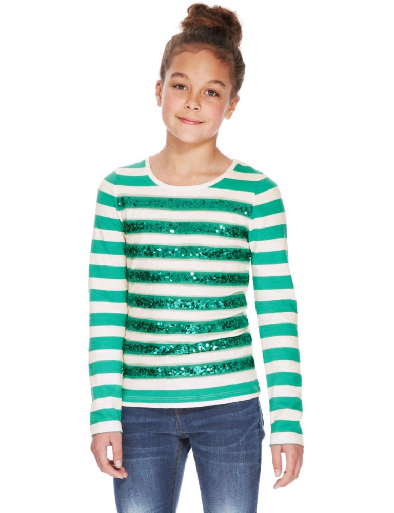 Pure Cotton Sequin Embellished Striped T-Shirt 1 of 4