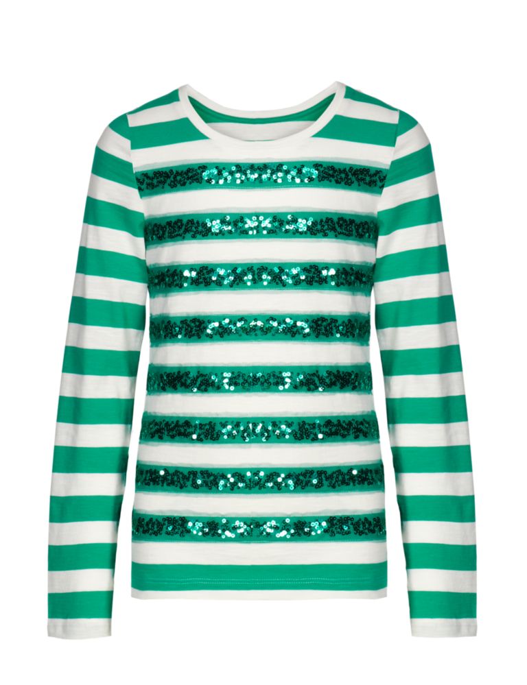 Pure Cotton Sequin Embellished Striped T-Shirt 2 of 4