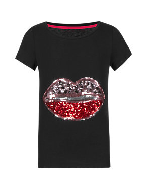 Pure Cotton Sequin Embellished T-Shirt with StayNEW™ (5-14 Years) Image 2 of 4