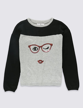 Pure Cotton Sequin Face Jumper with StayNEW™ (5-14 Years) Image 2 of 3