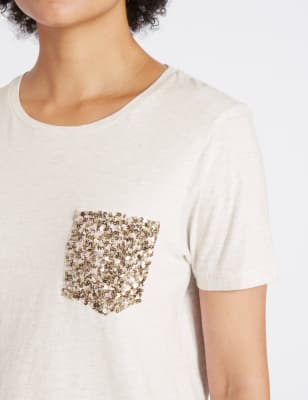 Pure Cotton Sequin Pocket T Shirt M S Collection M S