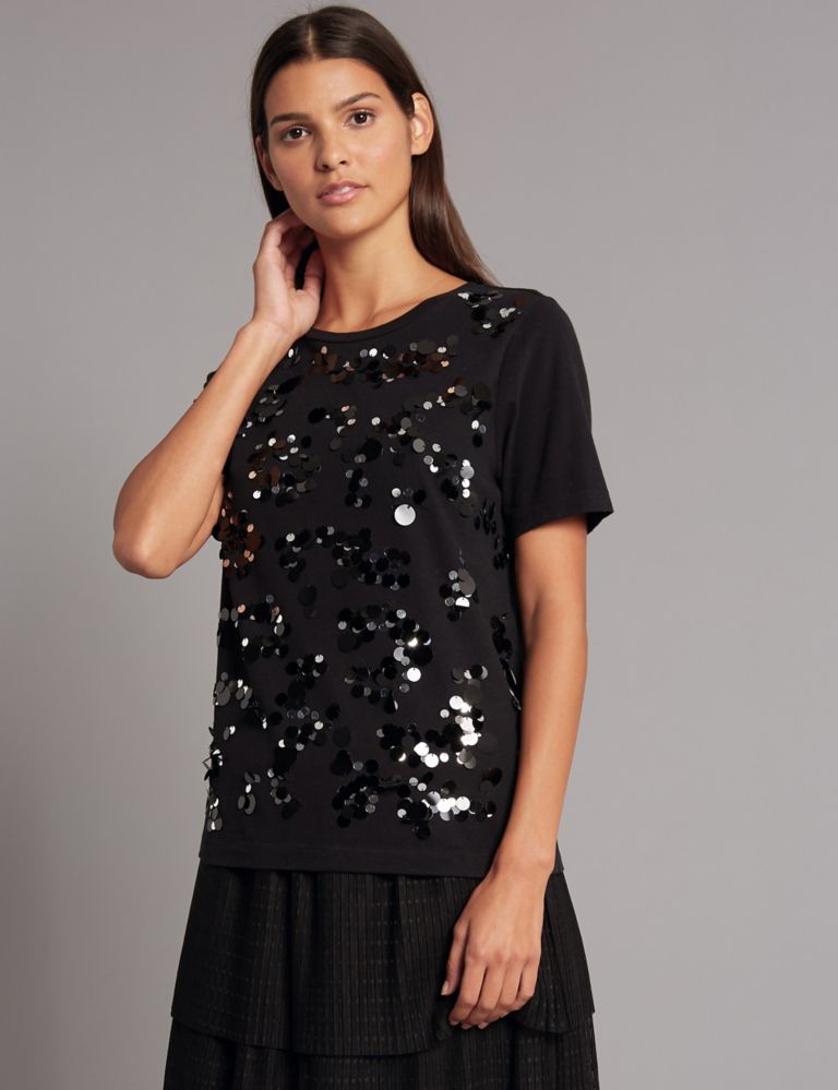 Pure Cotton Sequin Short Sleeve T-Shirt 2 of 4