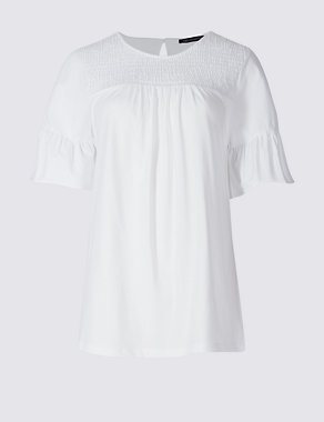 Pure Cotton Shirred Flare Sleeve T-Shirt Image 2 of 5