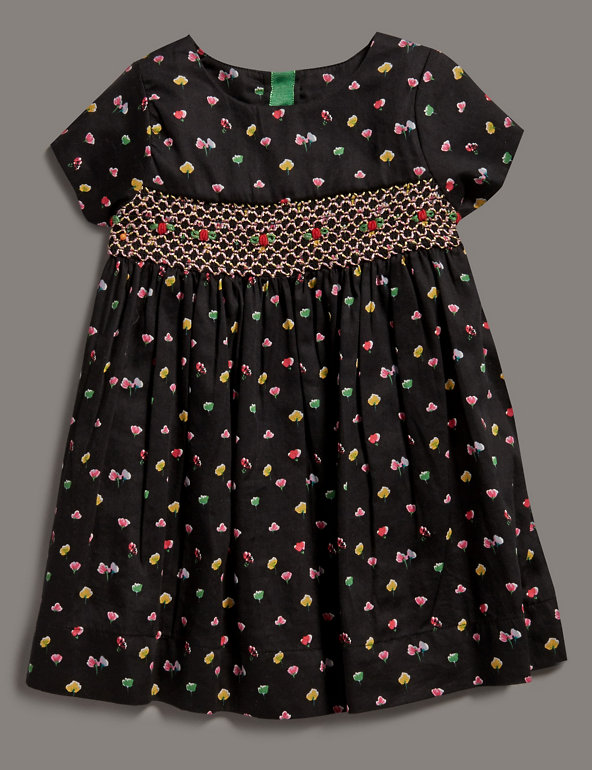 Pure Cotton Shirred Floral Dress Image 1 of 2