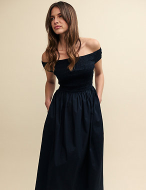 Pure Cotton Shirred Midaxi Waisted Dress Image 2 of 4