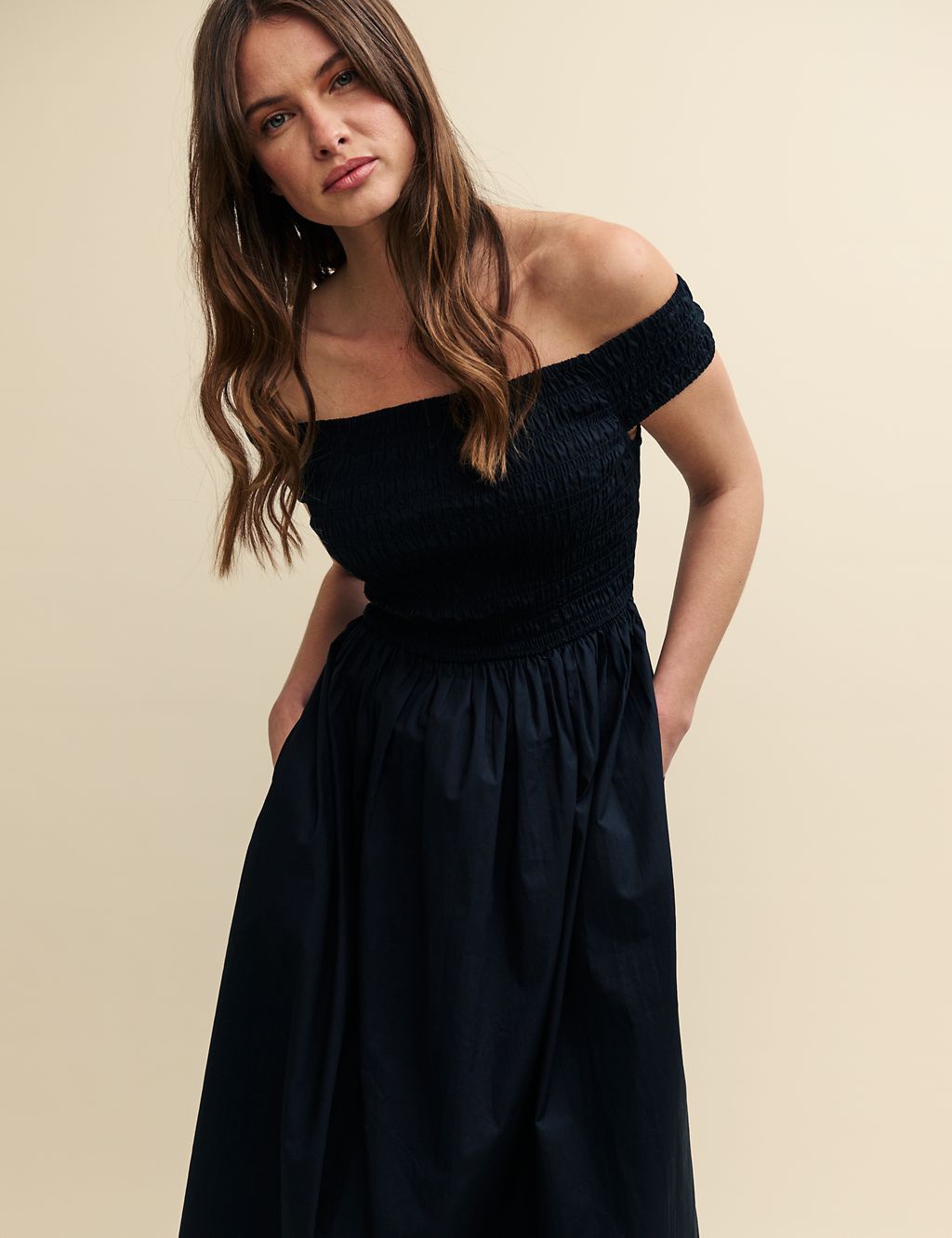 Pure Cotton Shirred Midaxi Waisted Dress 4 of 4