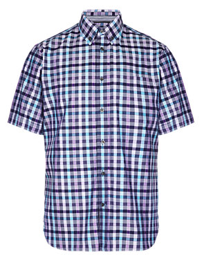 Pure Cotton Short Sleeve Satin Gingham Checked Shirt Image 2 of 3