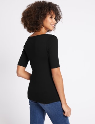 Pure Cotton Slash Neck Half Sleeve T-Shirt, M&S Collection