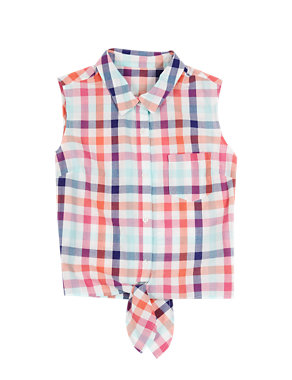 Pure Cotton Sleeveless Tie Front Checked Blouse (5-14 Years) Image 2 of 3