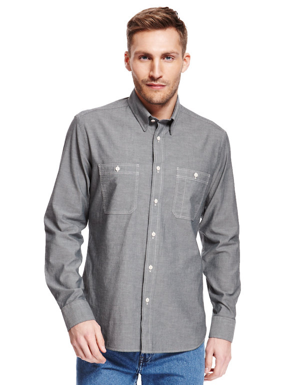 Pure Cotton Slim Fit Chambray Oxford Shirt Image 1 of 2