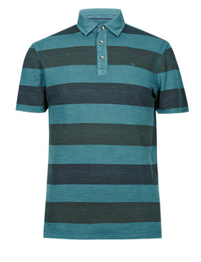 Pure Cotton Slim Fit Marl Striped Polo Shirt Image 2 of 5