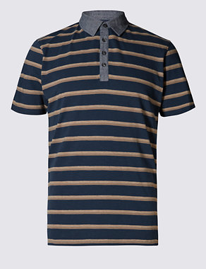 Pure Cotton Slim Fit Striped Chambray Polo Shirt Image 2 of 4