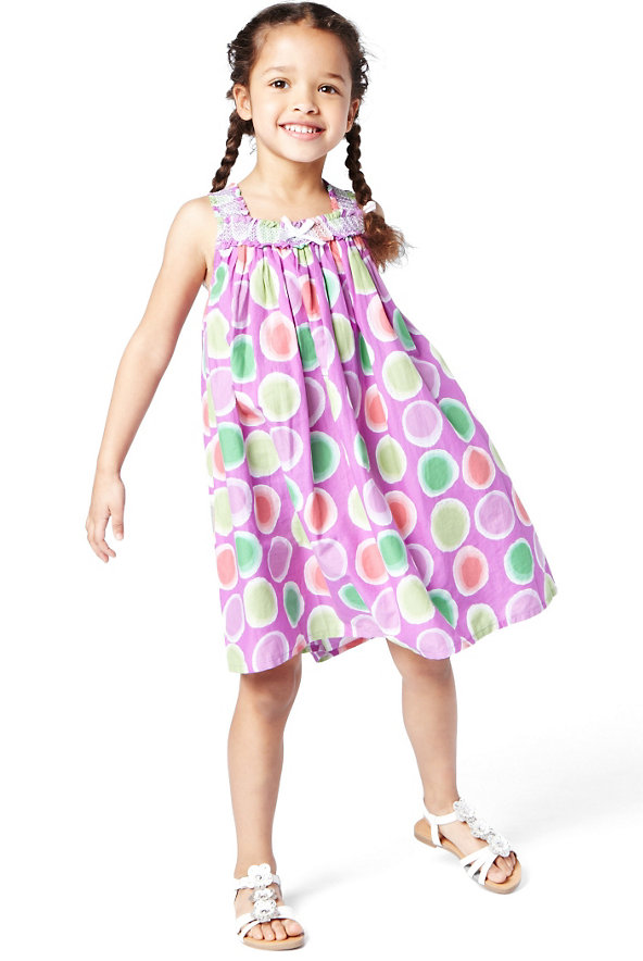 Pure Cotton Smocked Spotted Dress Image 1 of 1