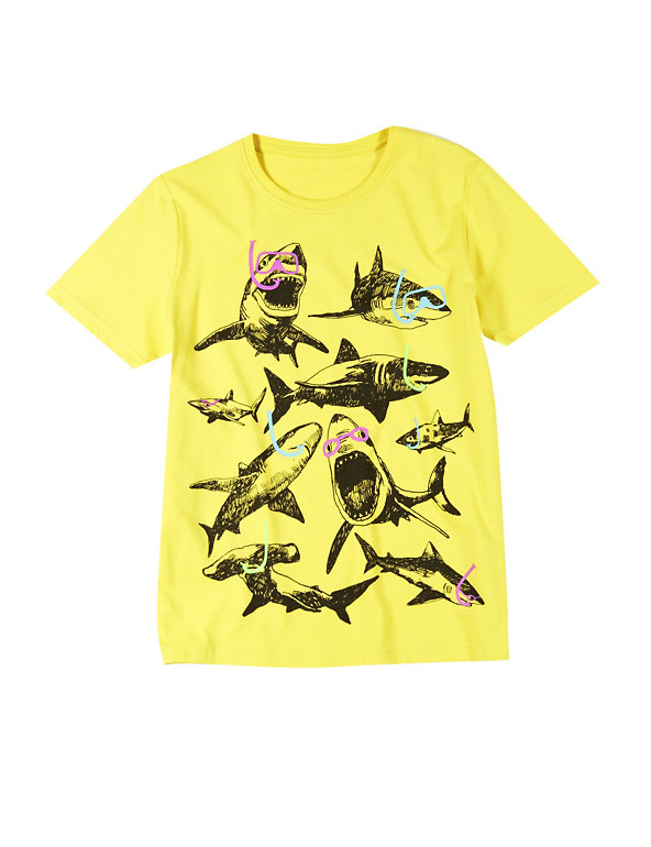 Pure Cotton Snorkel Shark Print T-Shirt (5-14 Years) Image 1 of 2