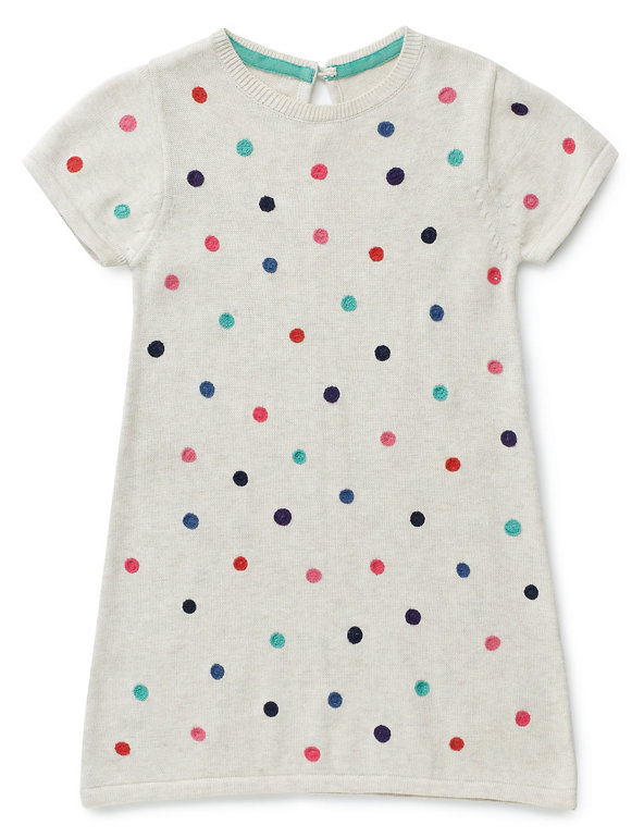 Pure Cotton Spotted Knitted Girls Dress with StayNEW™ (1-7 Years) Image 1 of 2