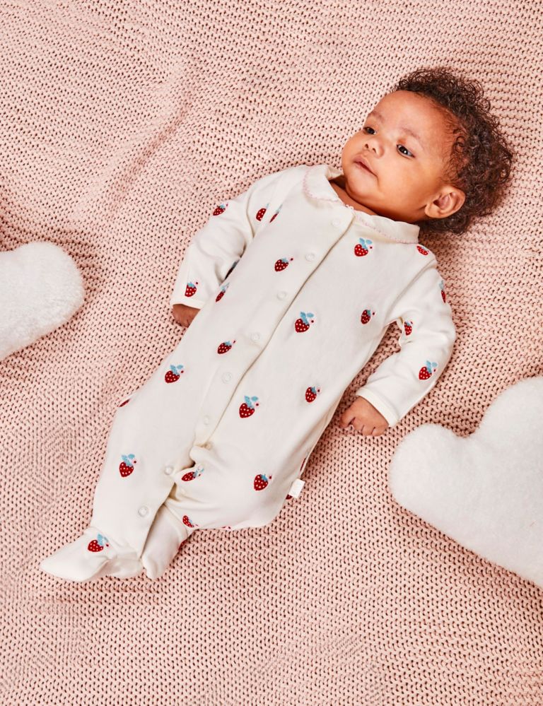 Pure Cotton Strawberry Sleepsuit (7lbs-12 Mths) 1 of 3