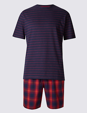 Pure Cotton Striped & Checked Pyjama Short Set Image 2 of 5