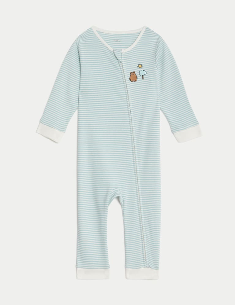 Pure Cotton Striped Bear Zip Sleepsuit (7lbs-1 Yrs) 1 of 3