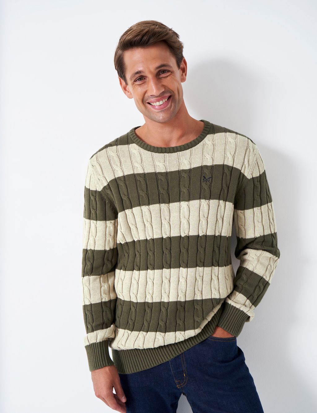 Pure Cotton Striped Cable Crew Neck Jumper | Crew Clothing | M&S
