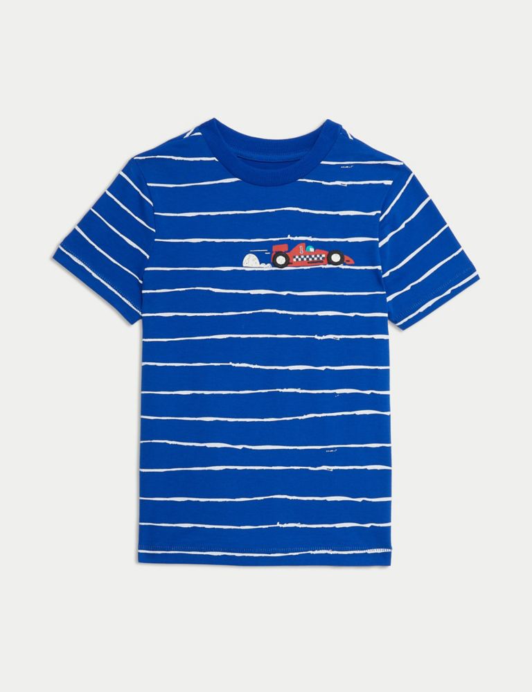 Pure Cotton Striped Car T-Shirt (2-8 Yrs) 1 of 2