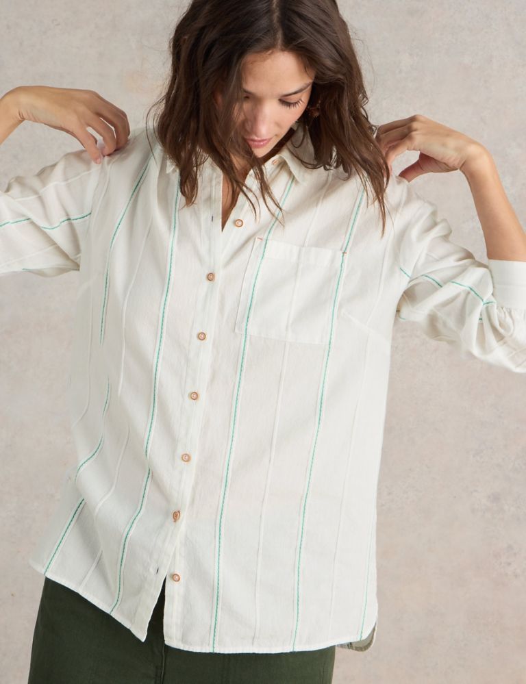Pure Cotton Striped Collared Longline Shirt 1 of 6