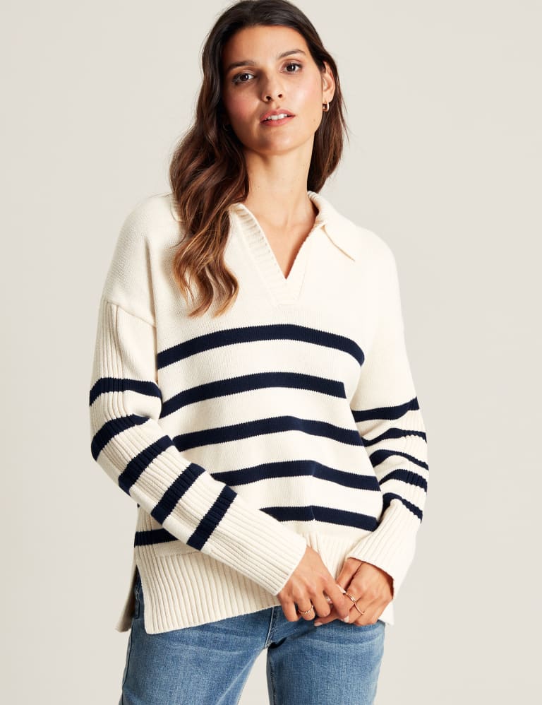 Pure Cotton Striped Collared Relaxed Jumper