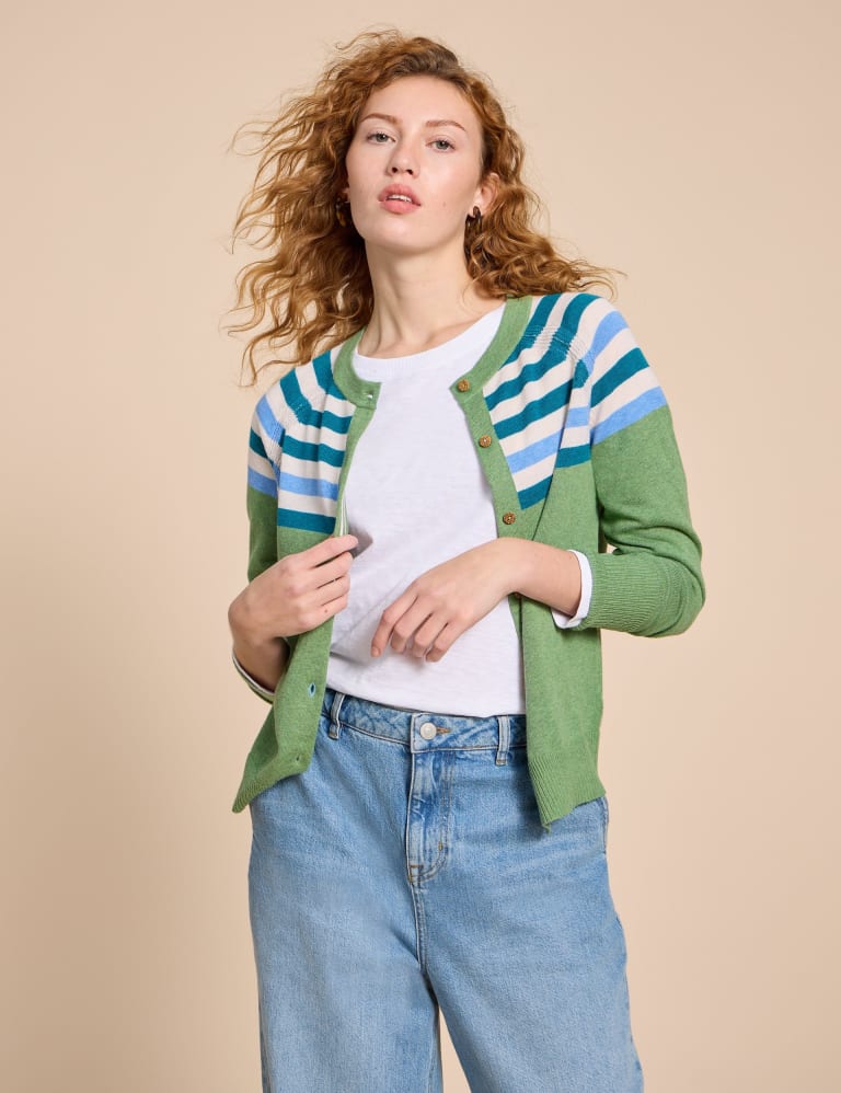 Pure Cotton Striped Crew Neck Cardigan 1 of 6