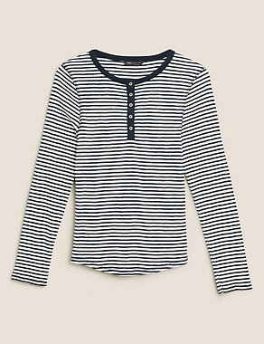 Pure Cotton Striped Crew Neck Henley Top Image 2 of 5