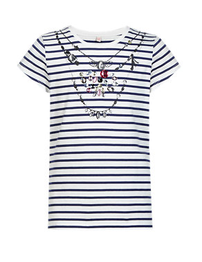 Pure Cotton Striped Embellished T-Shirt (5-14 Years) Image 2 of 3