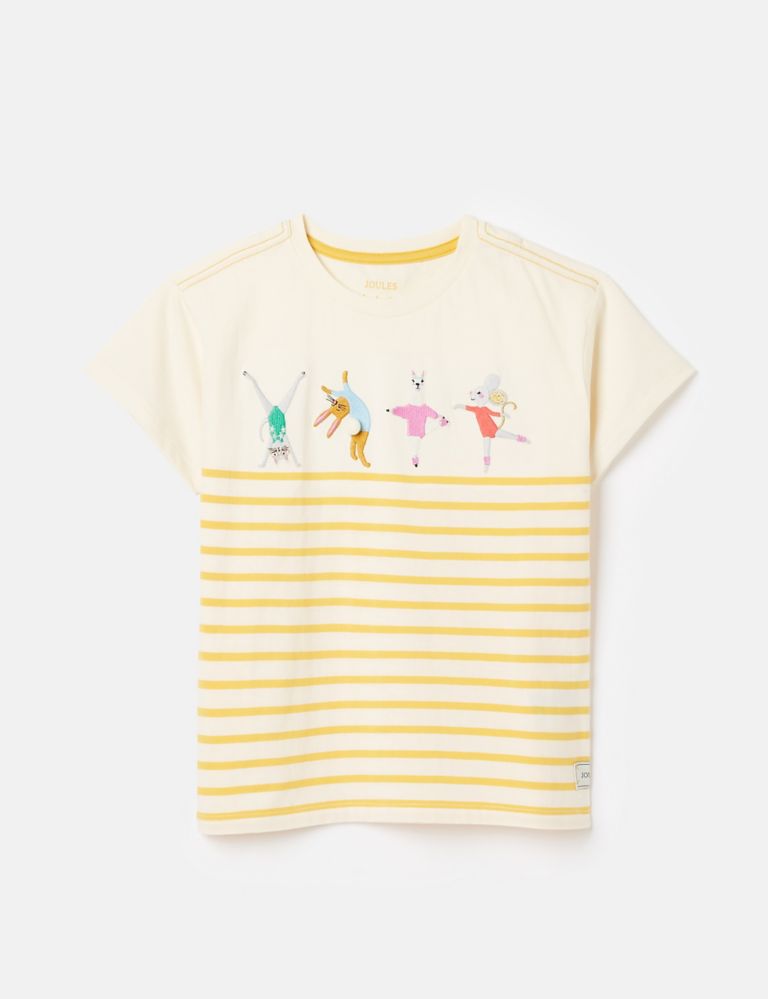 Pure Cotton Striped Embroidered T-Shirt (2-8 Yrs) 1 of 5