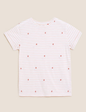 Pure Cotton Striped Embroidered T-Shirt Image 2 of 5