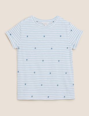 Pure Cotton Striped Embroidered T-Shirt Image 2 of 6