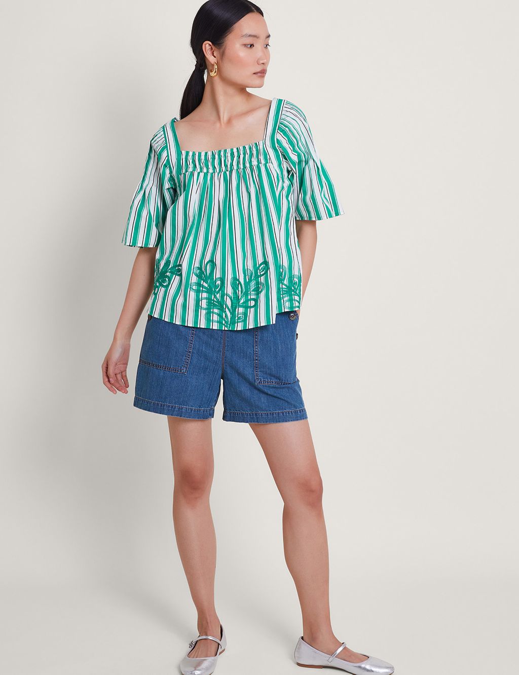 Pure Cotton Striped Embroidered Top 1 of 4