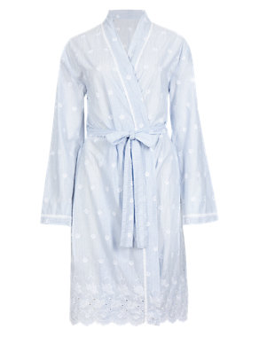 Pure Cotton Striped Embroidered Wrap Dressing Gown with Cool Comfort™ Technology Image 2 of 4