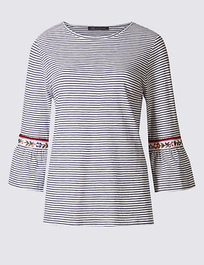 Pure Cotton Striped Flared Sleeve T-Shirt Image 2 of 4