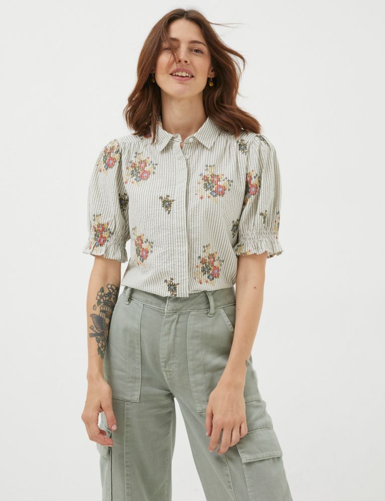 Pure Cotton Striped Floral Embroidery Shirt 1 of 5