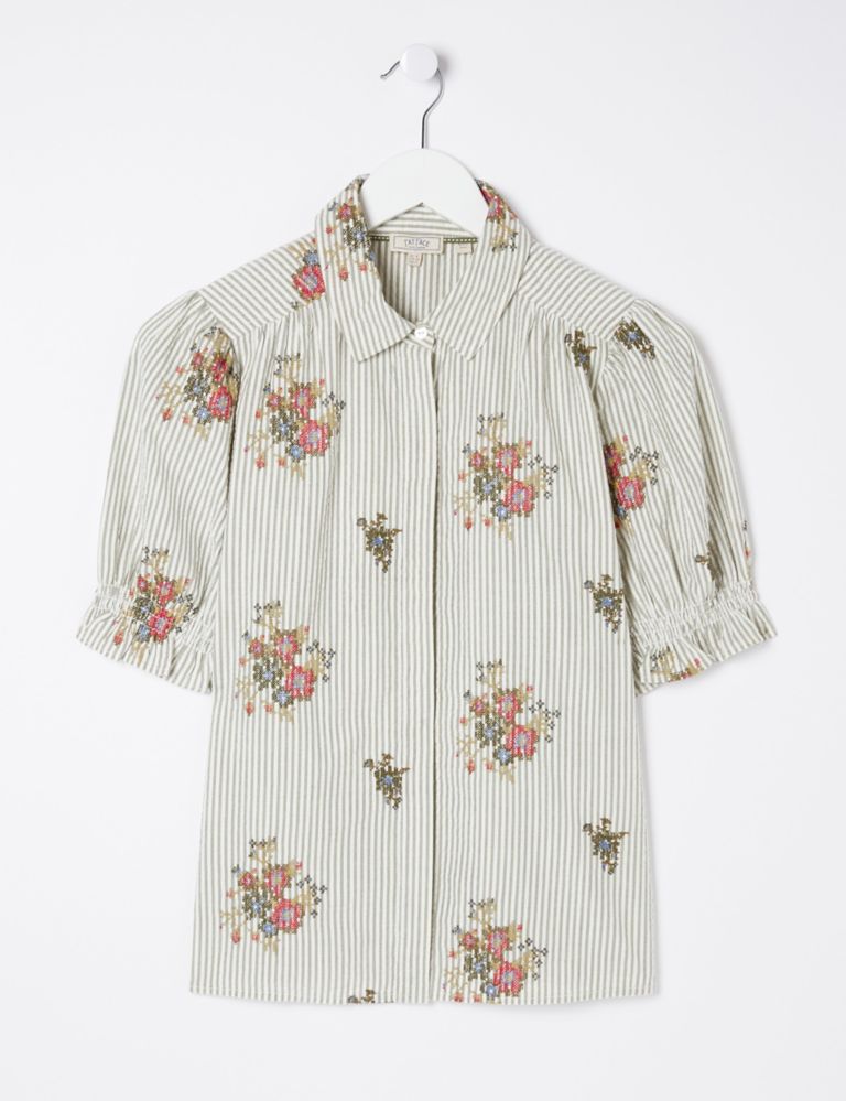 Pure Cotton Striped Floral Embroidery Shirt 2 of 5