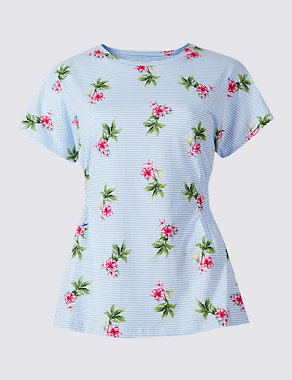 Pure Cotton Striped Floral Print T-Shirt Image 2 of 5