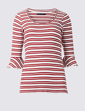 Pure Cotton Striped Flute Sleeve T-Shirt Image 2 of 5