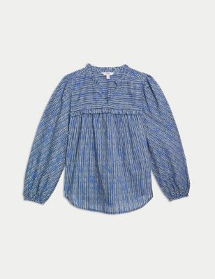 Pure Cotton Striped Frill Detail Blouse Image 2 of 5