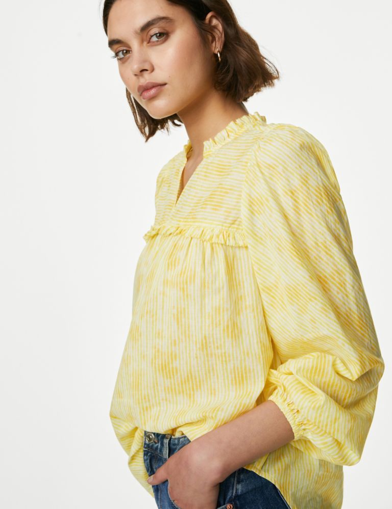 Pure Cotton Striped Frill Detail Blouse 1 of 5