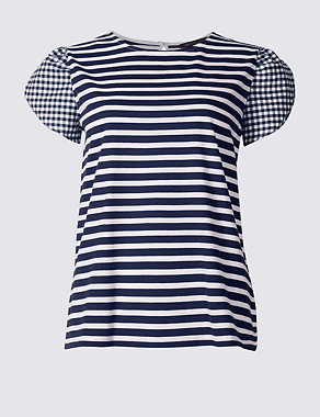Pure Cotton Striped Gingham Sleeve T-Shirt Image 2 of 4