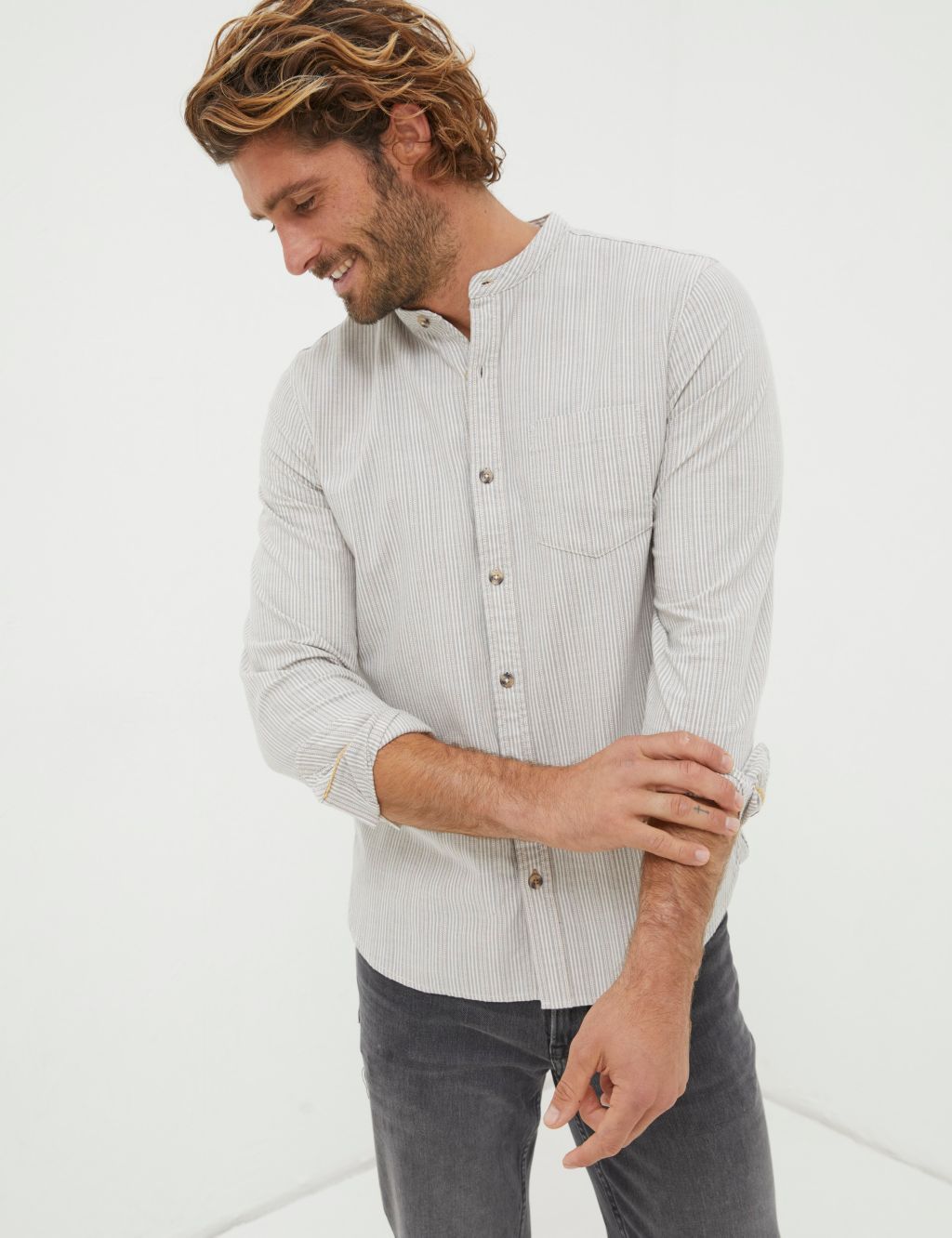 Pure Cotton Striped Grandad Collar Shirt 4 of 5