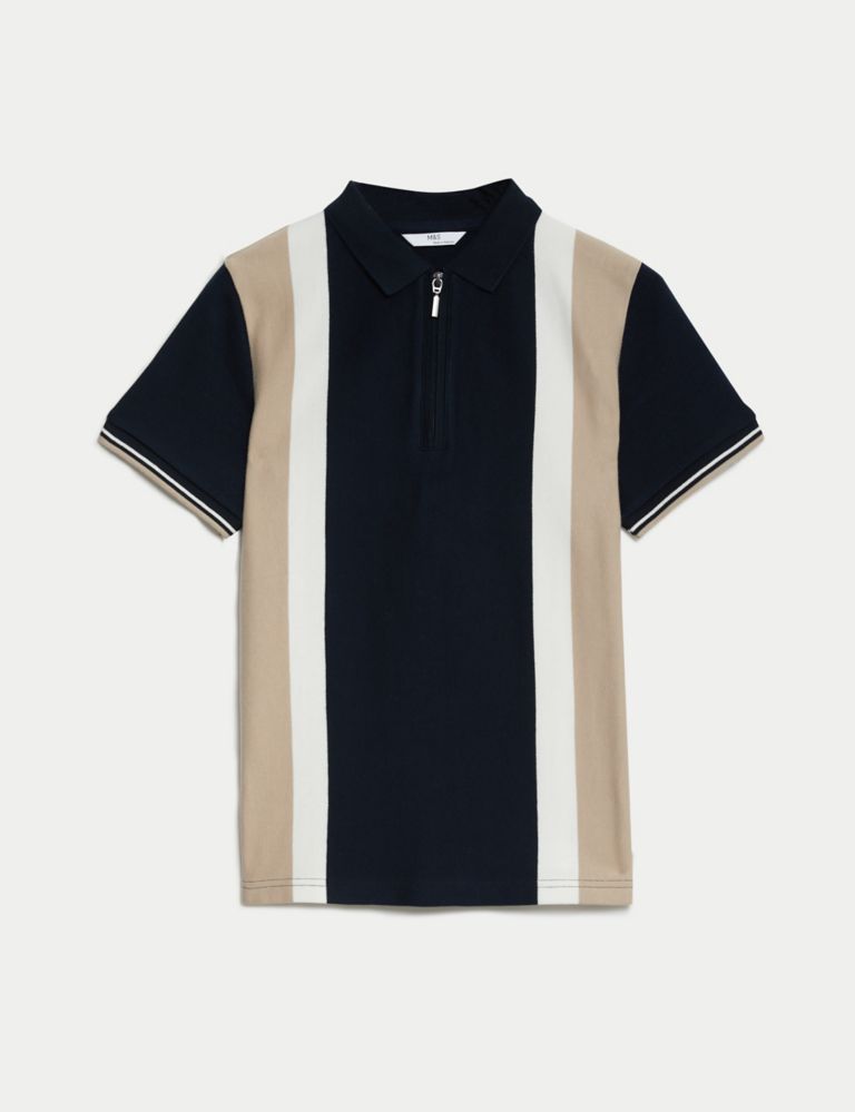 Pure Cotton Striped Half Zip Polo Shirt (6-16 Yrs) 2 of 4