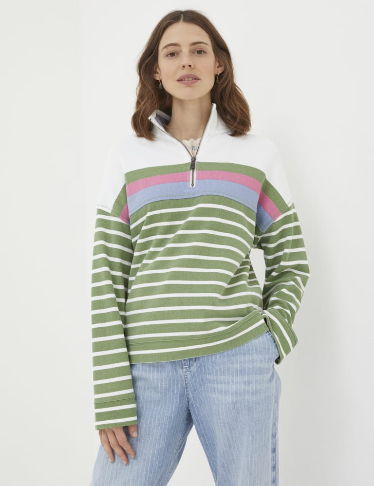 Pure Cotton Striped Half Zip Relaxed Sweatshirt 1 of 5