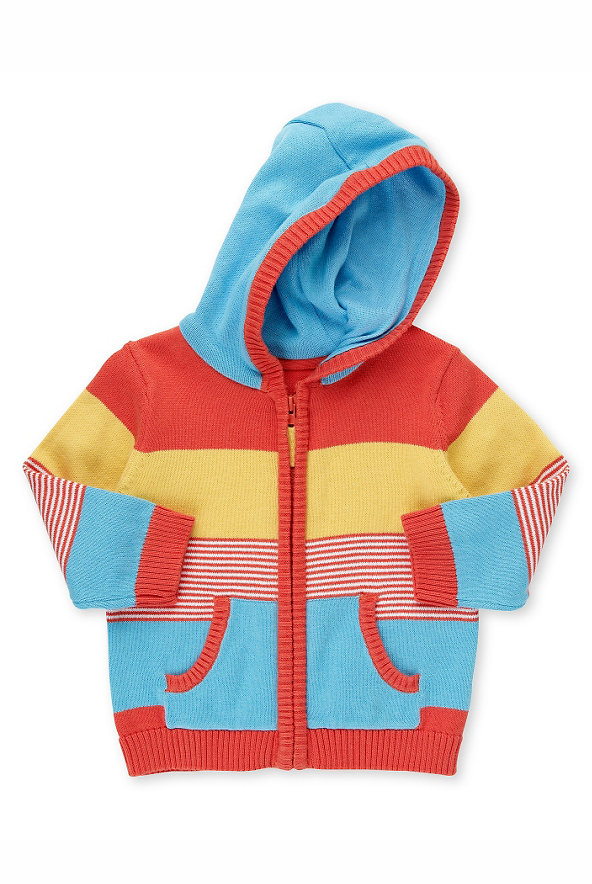 Pure Cotton Striped Knit Hooded Cardigan Image 1 of 1