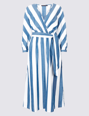 Blue and white striped midi outlet dress