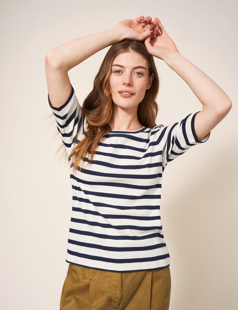 Pure Cotton Striped Puff Sleeve T Shirt White Stuff M S