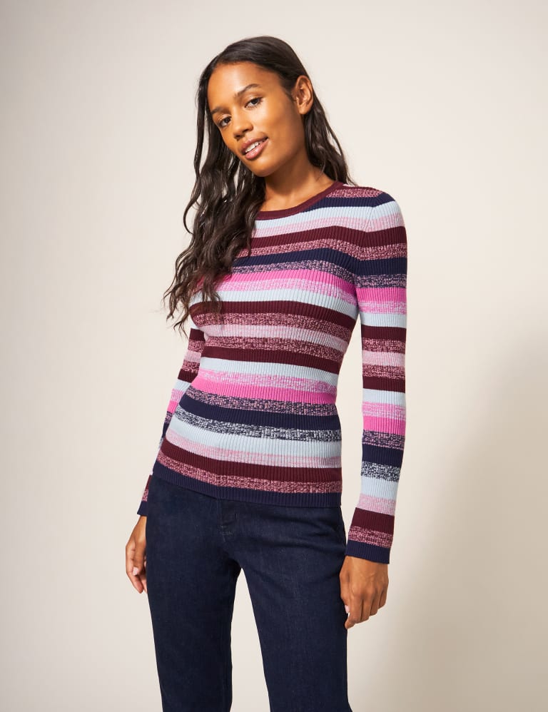 Pure Cotton Striped Ribbed Crew Neck Jumper White Stuff M S